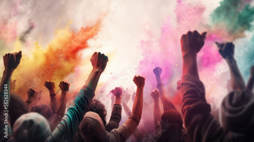 A group of people cheering at a party or protesting. Colourful powder, Generative AI.