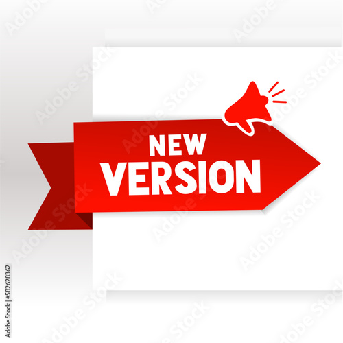 New version banner. red ribbon with megaphone. Flat vector illustration.