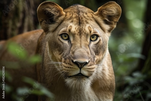 Close up of a female lioness going through a woodland with green trees in the background. A close up of the predator s eyes with an out of focus background of green grass in a forest. Generative AI