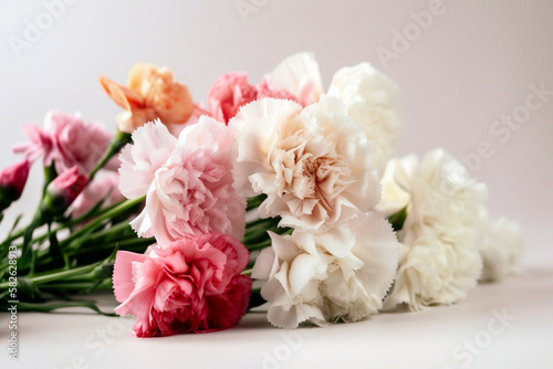 Mother s day carnations  bouquet. pure white background. generative Ai technology