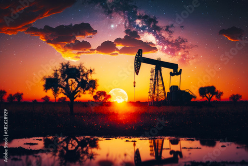 Oil pump in the middle of field with the sun setting in the background. Generative AI.