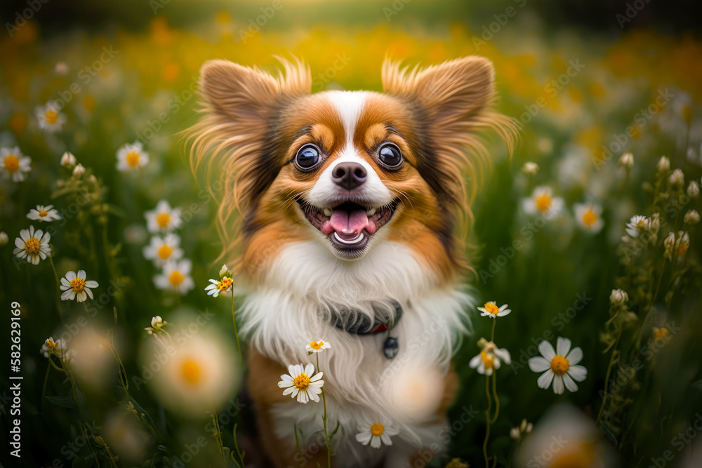 Brown and white dog sitting in field of daisies with its mouth open. Generative AI.