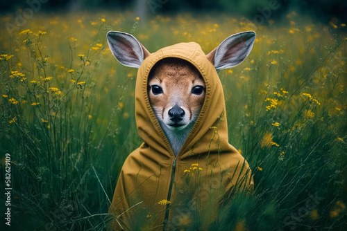 Deer wearing yellow hoodie is sitting in field of yellow wildflowers. Generative AI.