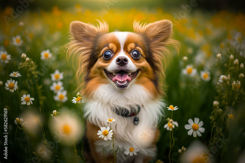 Brown and white dog sitting in field of daisies with its mouth open. Generative AI.