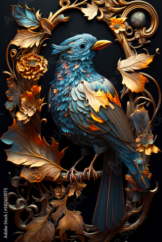 Image of blue bird sitting on branch with leaves and flowers around it. Generative AI.