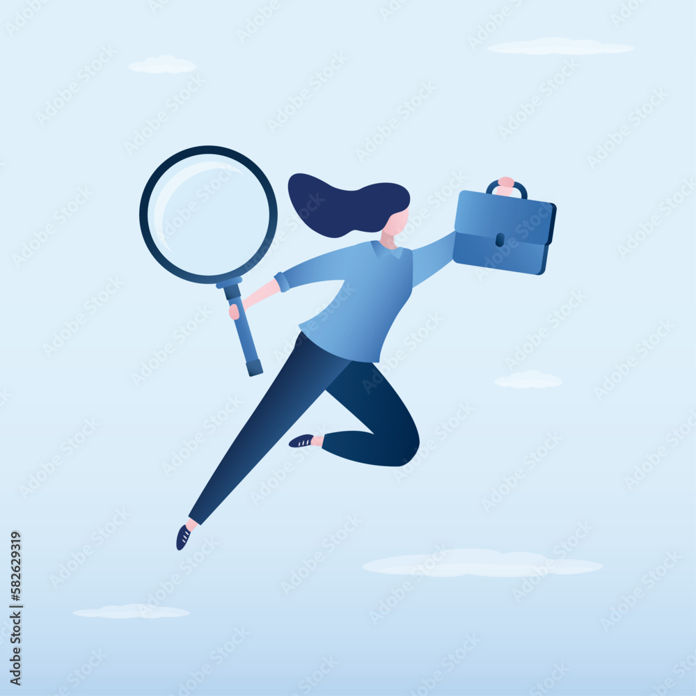 Businesswoman holding magnifying glass and briefcase. Job search, applicant actively looking for new job. Female employee as super hero flies in sky. problems of recruitment and unemployment Businesswoman holding magnifying glass and briefcase. Job search, applicant actively looking for new job. Female employee as super hero flies in sky. problems of recruitment and unemployment