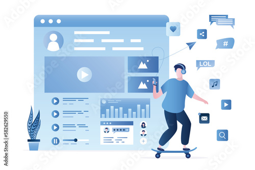 Teenager rides skateboard and uses mobile phone. Young man wearing headphones, enjoying playlist, listening to music on cellphone. Entertainment, social media app, multimedia content.