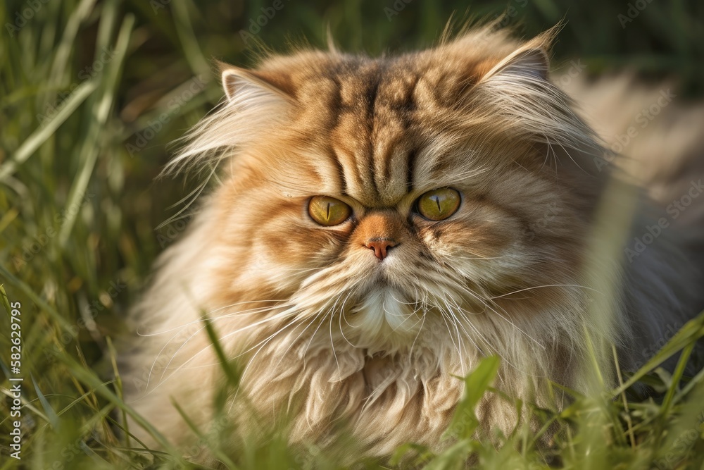 Persian cat lying down in the grass. Generative AI