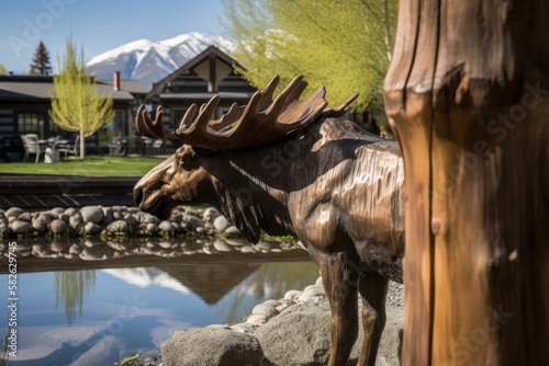 Moose statue by a log structure on a corner in Ketchum, Idaho, United States, close to Sun Valley, with mountains reflected in the window behind it. 6 12 2017. Generative AI photo
