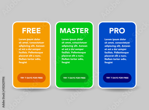 Pricing table dark modern gradient template with three options product subscription types with list of features and price