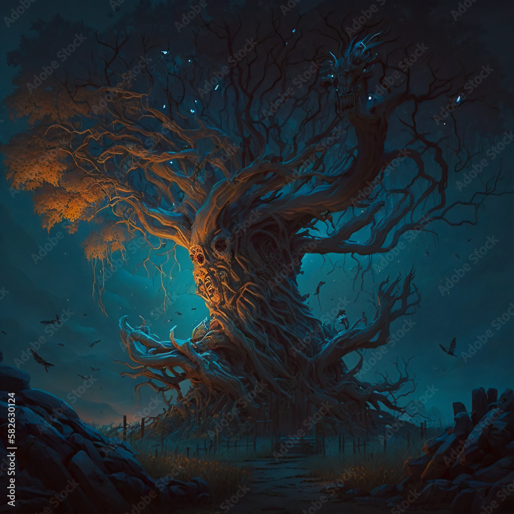 Obraz premium The Lamenting Tree: A Digital Painting of Sorrow and Resilience. Generative AI 