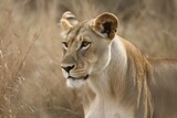 In the savanna, a lovely young lioness (Panthera leo). Generative AI