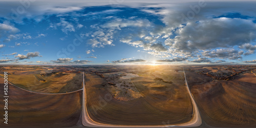 aerial full seamless spherical hdri 360 panorama view from great height above fields in countryside in equirectangular projection. use like sky replacement for drone shots