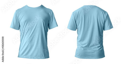 Blank blue clean t-shirt mockup, isolated, front view. Empty tshirt model mock up. Clear fabric cloth for football or style outfit template.