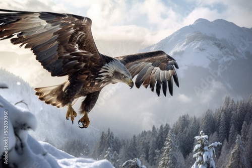 Eagle in the snow  an eagle flying  and a winter scene with an eagle. Generative AI