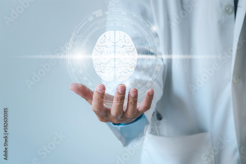 Doctor hand and brain illustration. Medical technology concept. photo