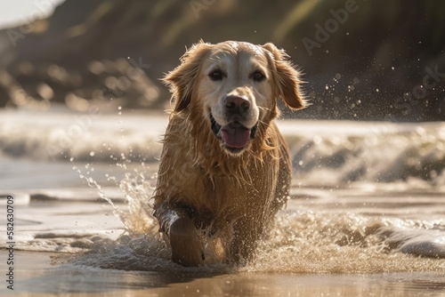 Golden Retriever canine having fun on the sand. Generative AI