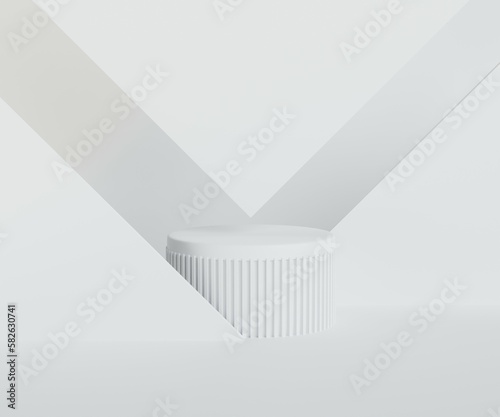 Realistic white, gray 3D cylinder stand podium with triangle overlap background. 3d render  luxury geometric forms. Abstract minimal scene for mockup products, Round stage for showcase.