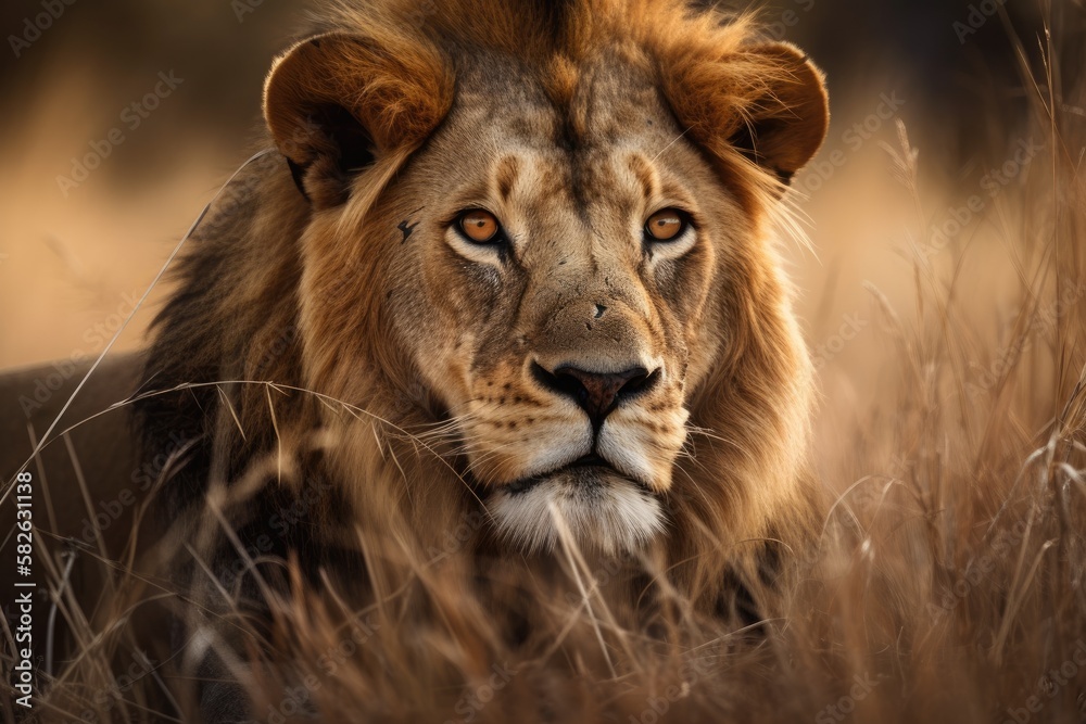 Gorgeous Lion Caesar amid the Masai Mara's golden grass, Kenya. Generative AI