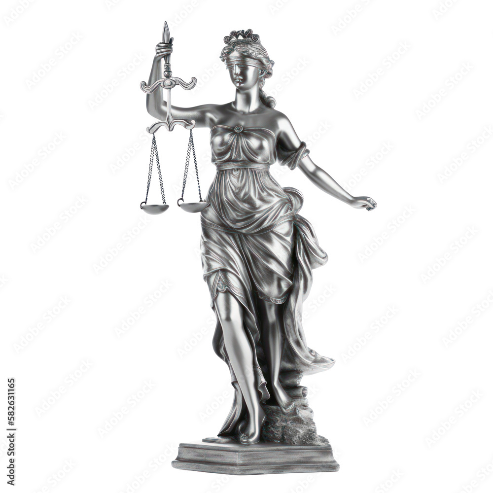 Lady Justice statue isolated on transparent background. Law concept