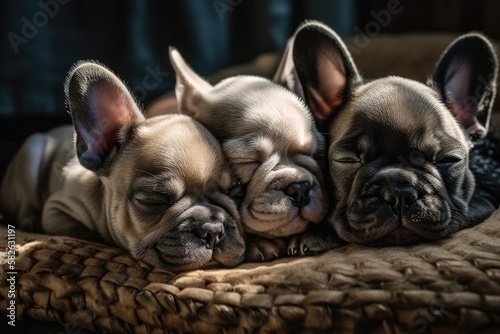 adorable puppies of a french bulldog dozing off. Generative AI © AkuAku
