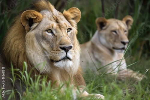 Animals Lion and Tiger on Savannah. Generative AI © AkuAku