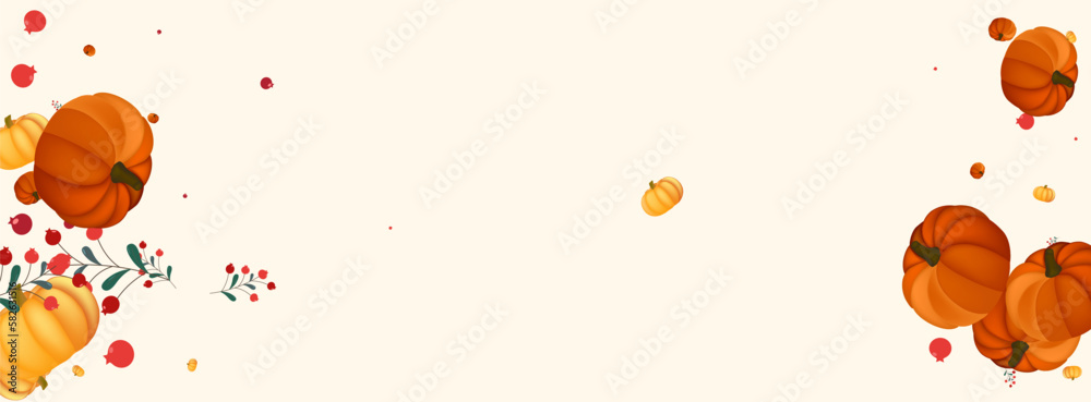 Gold Gourd Background Beige Vector. Leaves Nature. Colorful Happy Banner. November Texture. Red Pumpkin Wallpaper Template.