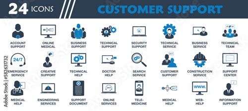 Customer Support Icon Set. Collection of Account, Medical, Business, Technical, Emergency, Online, Telemedicine, Information, Service and Help Icons. Editable Vector Symbol Illustration.