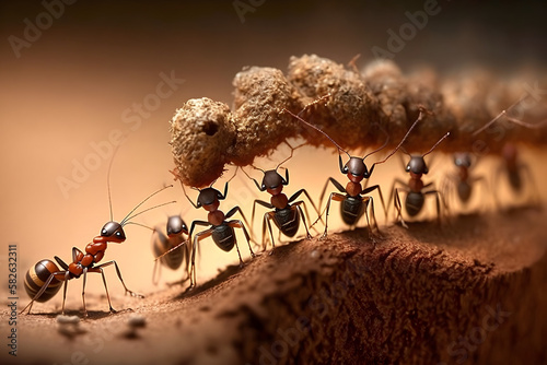 group of ants doing teamwork helping each other