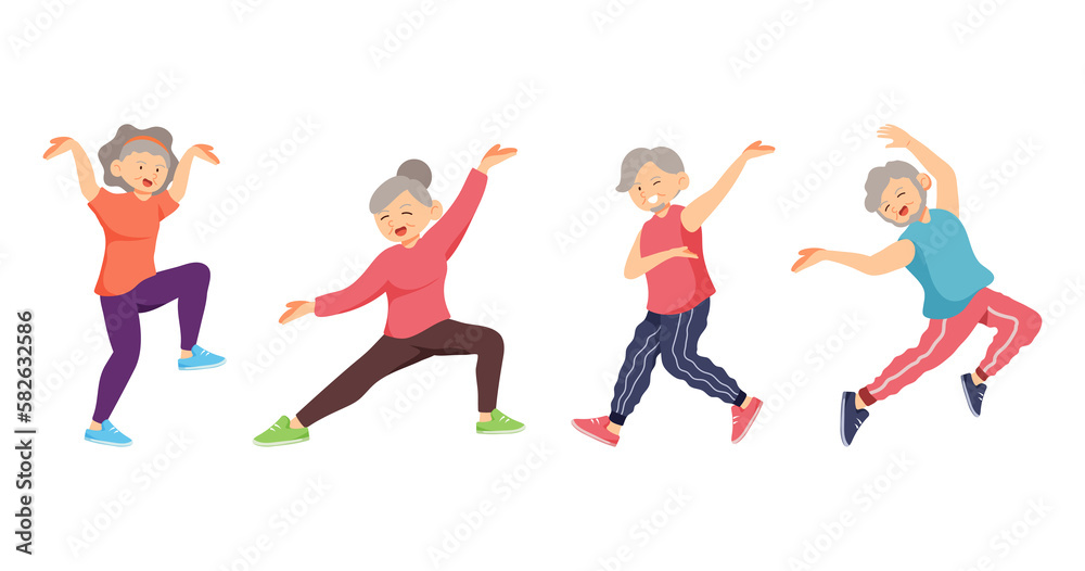 Old aged people doing exercise in cartoon character,