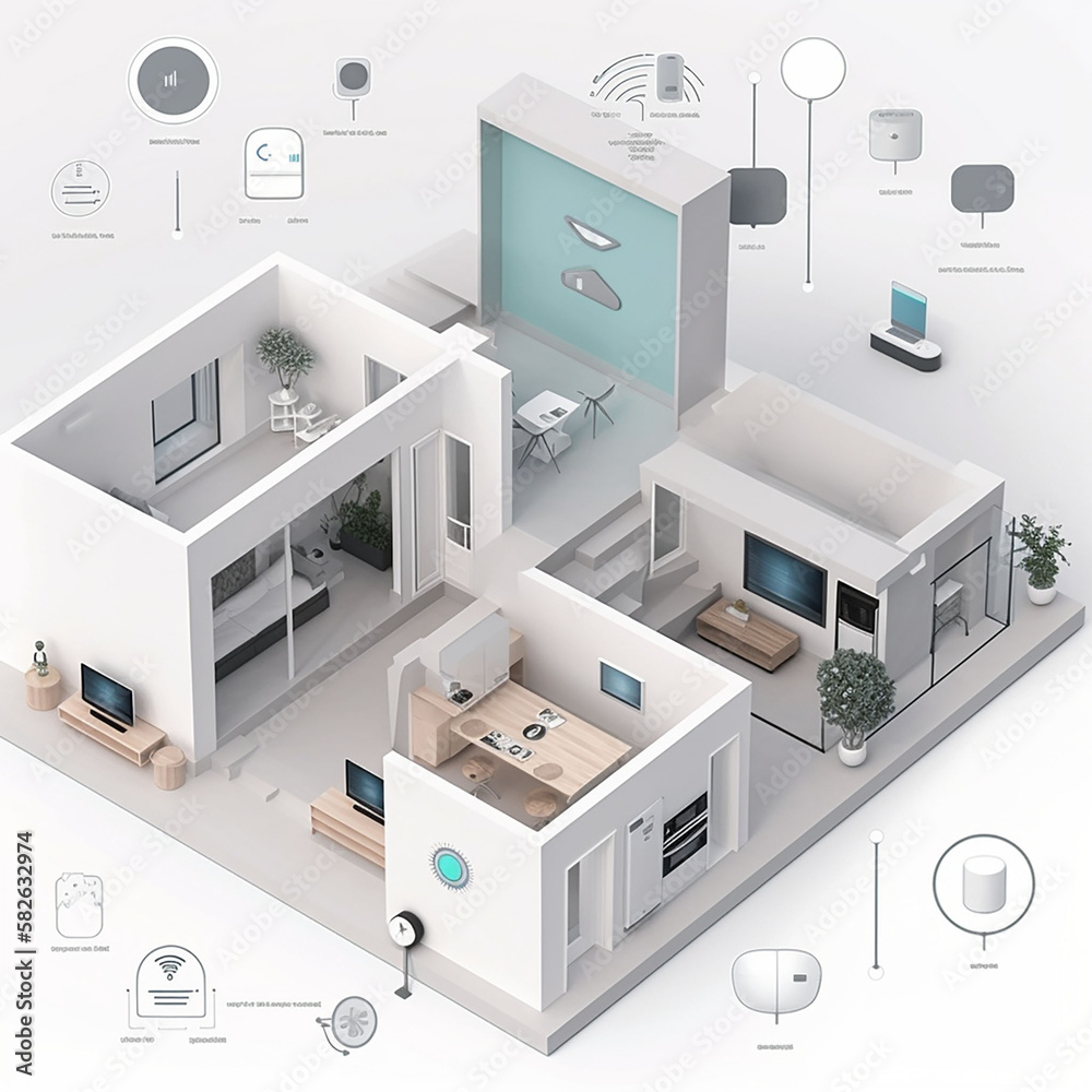 The layout of the devices of the Smart Home system in private ownership. Generative AI. The layout of the devices of the Smart Home system in private ownership. Generative AI.