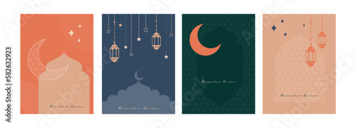 Collection of Ramadan Mubarak and eid al fitr greeting cards with minimal boho design, moon, mosque dome and lanterns