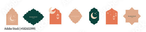 Collection of modern style Ramadan Mubarak and eid al fitr. Greeting cards with minimal boho design, moon, mosque dome and lanterns