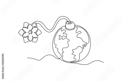 Single one-line drawing of the bomb resembles a globe and flowers on it. Anti-terrorism day concept continuous line draw design graphic vector illustration