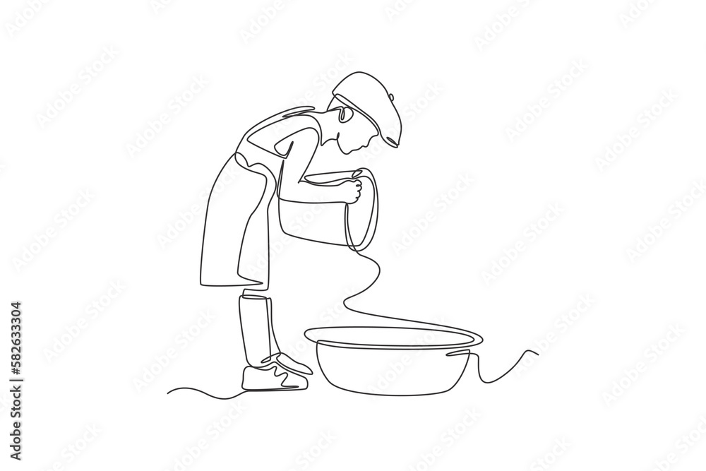 Continuous one-line drawing of a 70s-style boy pouring water. 70s style concept single line draws design graphic vector illustration Continuous one-line drawing of a 70s-style boy pouring water. 70s style concept single line draws design graphic vector illustration