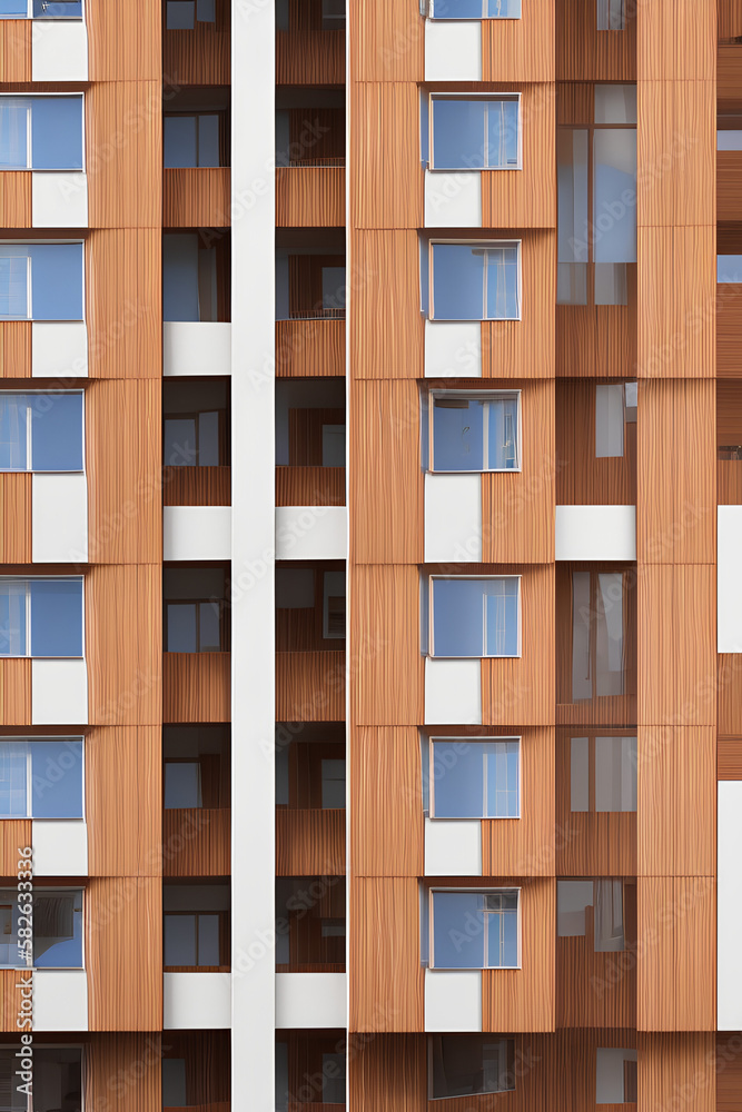 Apartment building wooden facade. Generative AI