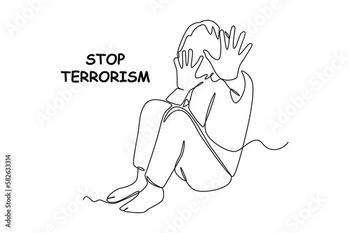 Single one-line drawing child giving stop terrorism gesture. Anti-terrorism day concept continuous line draw design graphic vector illustration