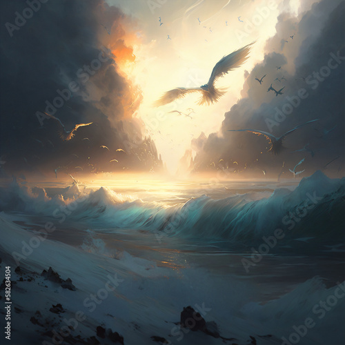 Rising Hope: A Digital Painting of Faith and Strength Amidst the Stormy Seas of Doubt. Generative AI 