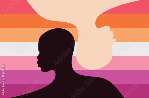 Silhouette of interracial couple over lesbian flag background.
