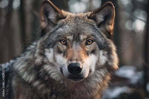 A wolf  Canis lupus  in a winter forest  captured in close up. Generative AI