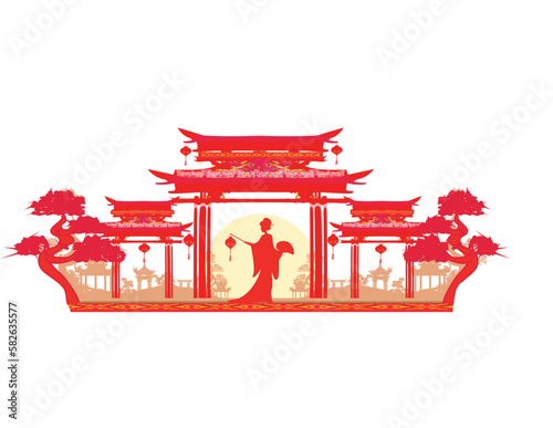Abstract Asian Landscape and Asian girl