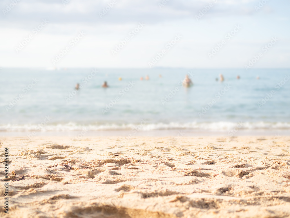 Beach Sand on Sea Shore Summer with White Sky,Water Wave Ocean seascape Beautiful,Smooth Blue Sky Nature,Tourism Vacation Relax Travel Tropical Holidays,Bay at Coast Natural Sun Day Season Island.