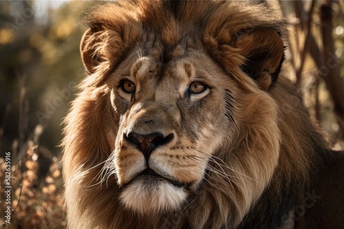 A close up of a male African lion in the wild animals. Generative AI