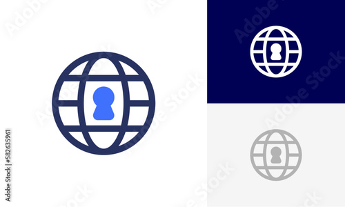 global lock logo with padlock and key hole inside earth logo design vector