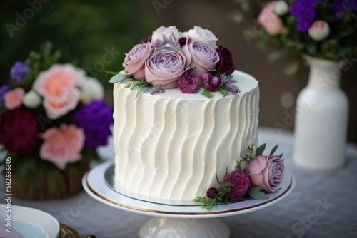 A white wedding cake with purple and pink flowers on top. Generative Ai