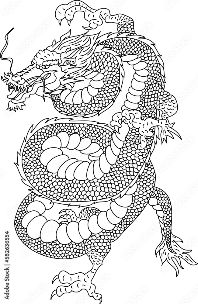 Fototapeta premium outline Japanese dragon with flower for tattoo style.Traditional Japanese culture for printing and coloring book on background.