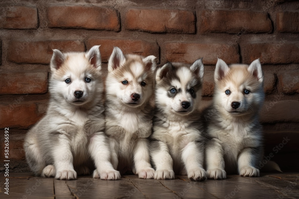 Siberian huskie puppies next to a brick wall. Generative AI Siberian huskie puppies next to a brick wall. Generative AI