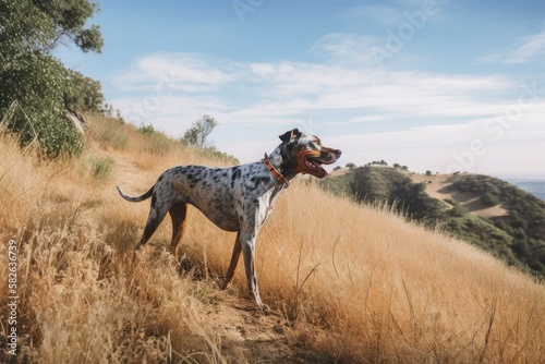 Hiking through the wilds of California with a catahoula leopard dog. Generative AI