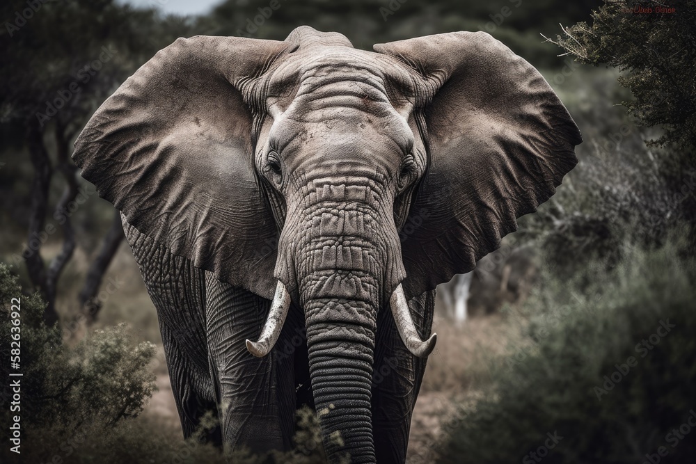 Fototapeta premium A portrait of an elephant bull walking towards the camera at the Addo Elephant National Park in South Africa's Eastern Cape. Generative AI
