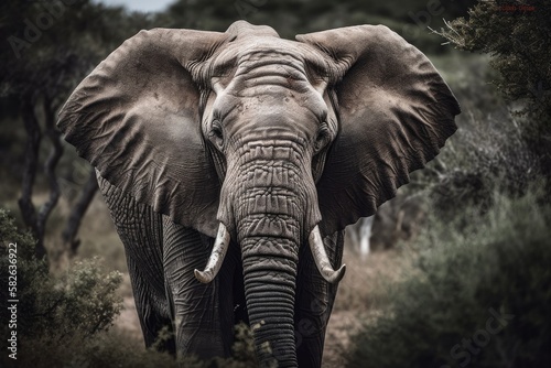 A portrait of an elephant bull walking towards the camera at the Addo Elephant National Park in South Africa's Eastern Cape. Generative AI
